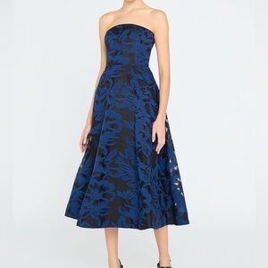 $595 NWT Theia “Laurie” Jacquard Strapless Midi Dress in Midnight Navy Sz 4